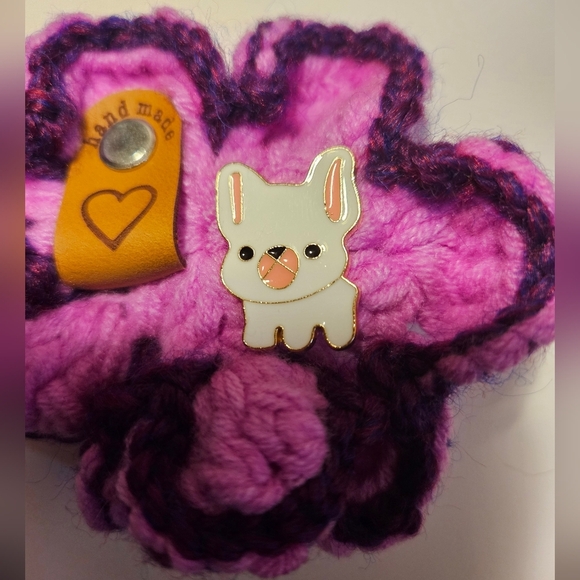 Handmade Crochet Floral Key chain Purple Dog Enamel Pin White Frenchie Puppy Pin - Picture 17 of 17